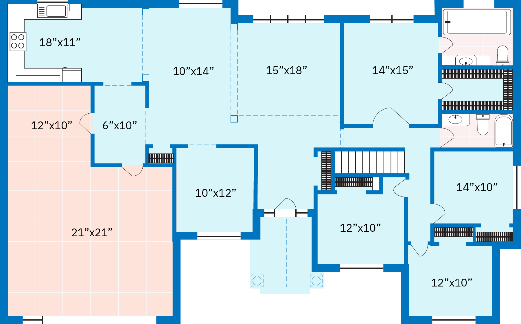 مخطط الطابق لمنزل أمريكي من الطبقة المتوسطة في القرن الحادي والعشرين. يصور مخطط الأرضية منزلًا من طابق واحد مع مطبخ، وأربع غرف نوم، وحمامين، وغرفة عائلية، وعرين، وخطوات نزولًا إلى الطابق السفلي، ومرآب ملحق لسيارتين.