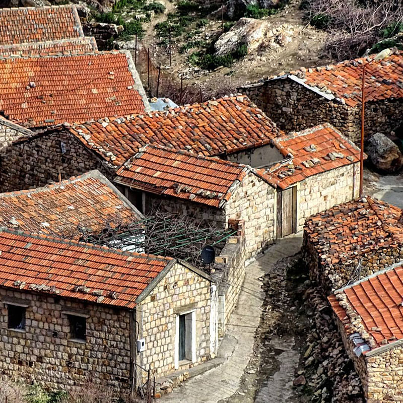 Photographie en couleur d'un groupe de bâtiments en Algérie, construit par le peuple kabyle. Les bâtiments d'un étage sont construits en pierre avec des toits de tuiles. Ils se trouvent très près l'un de l'autre, seuls des passages étroits les séparent. Beaucoup sont construits en forme de L, avec deux parties séparées reliées à angle droit.