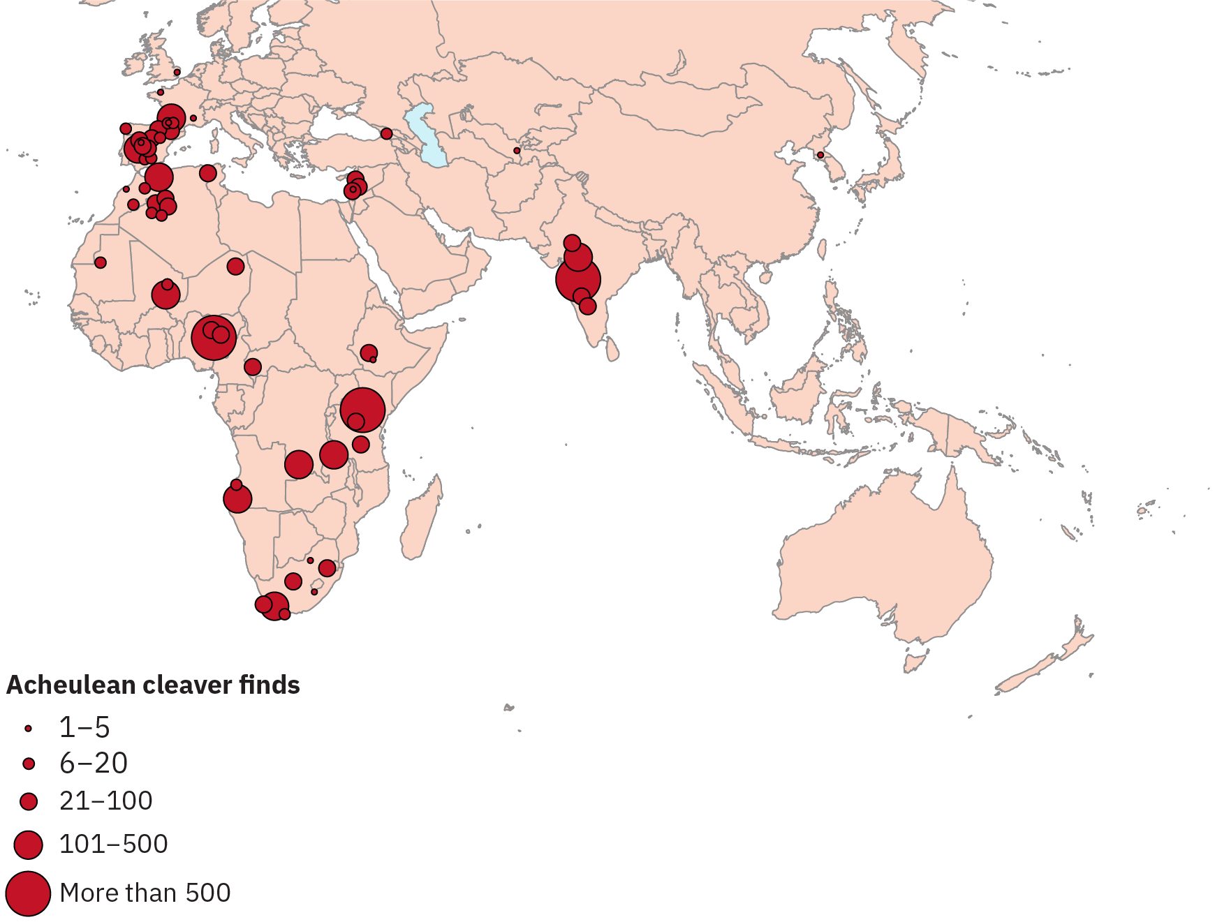 Marks indicating the number of Acheulean cleaver finds imposed on a map of Europe, Asia, and Africa. There are clusters of finds in Spain, India, and certain areas of Africa.