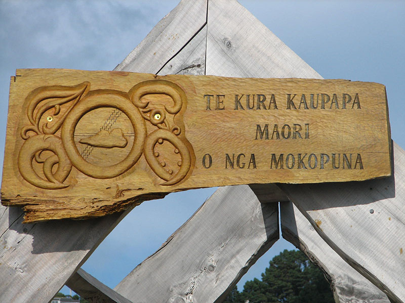 Uma placa de madeira com as palavras “TE KURA KAUPAPA MAORI O NGA MOKOPUNA”. Há também uma escultura de uma nuvem dentro de um círculo, cercada por folhas e vagens de sementes.