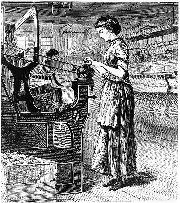两位女士在工厂加工羊毛并将其编织成布料的肖像。