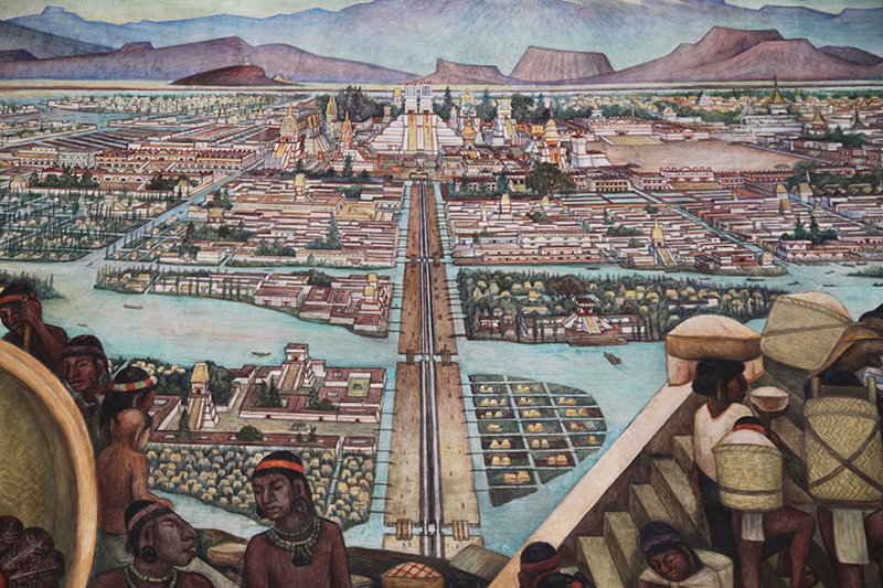 لوحة لمدينة معقدة مبنية على جزيرة. يظهر العديد من أفراد الأزتك في المقدمة، ويحمل بعضهم أعباءً على رؤوسهم، ويؤدي طريق طويل مستقيم إلى معبد على شكل مثلث في الجزء الخلفي من الصورة.