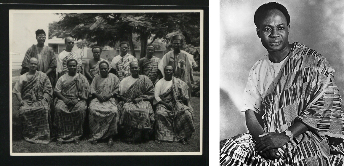 Esquerda: Um grupo de homens africanos vestidos com roupas tradicionais sentados em duas fileiras para uma fotografia formal; Direita: Um retrato posado de um homem africano. Ele olha diretamente para a câmera, com um pano com estampas ousadas sobre um ombro.