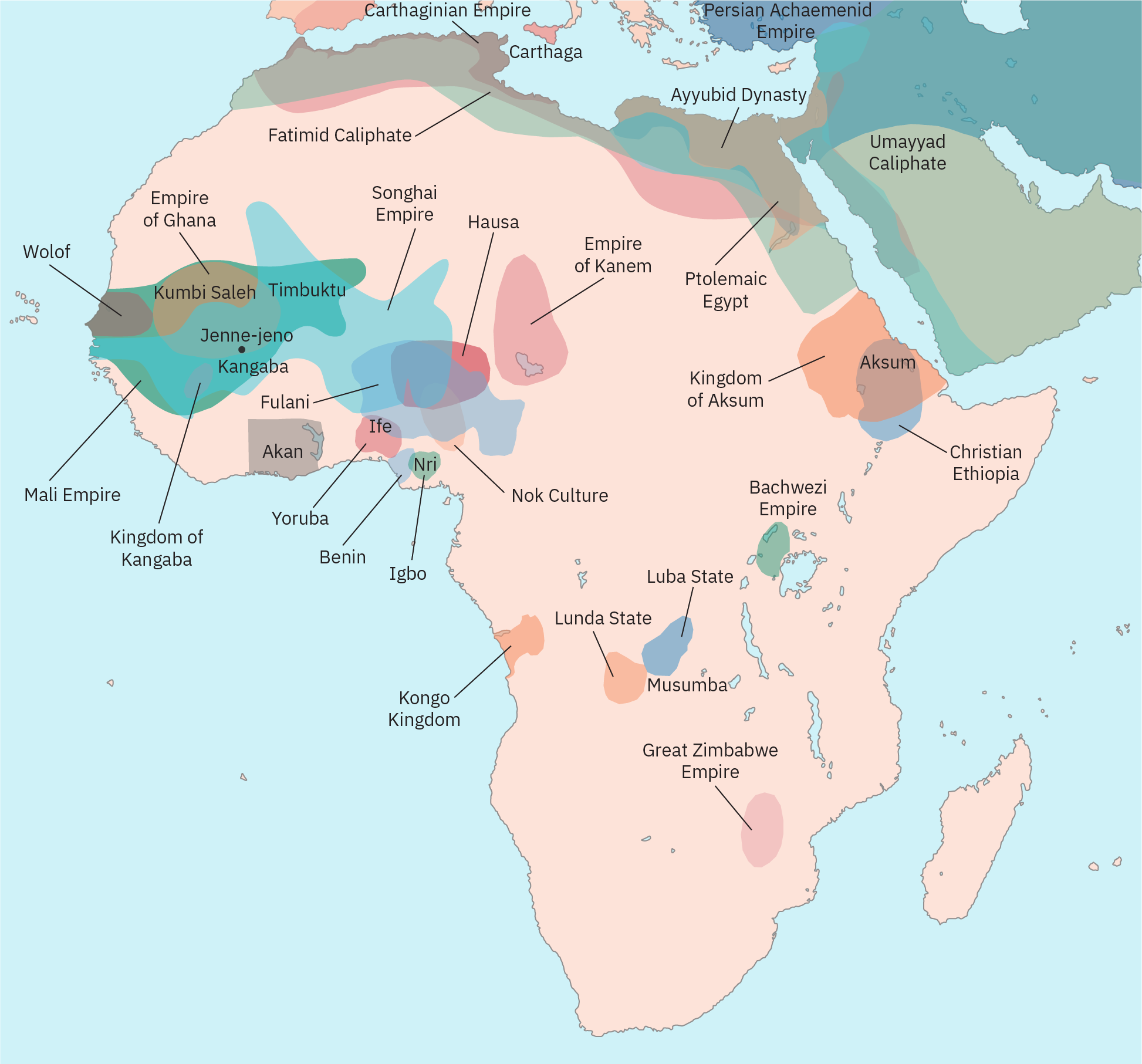 Esboço da África com áreas sombreadas para indicar entidades políticas pré-coloniais. Essas áreas são menores e muito mais localizadas do que os estados-nação contemporâneos. Grande parte do mapa não está sombreada, indicando que não há estado ou império centralizado.