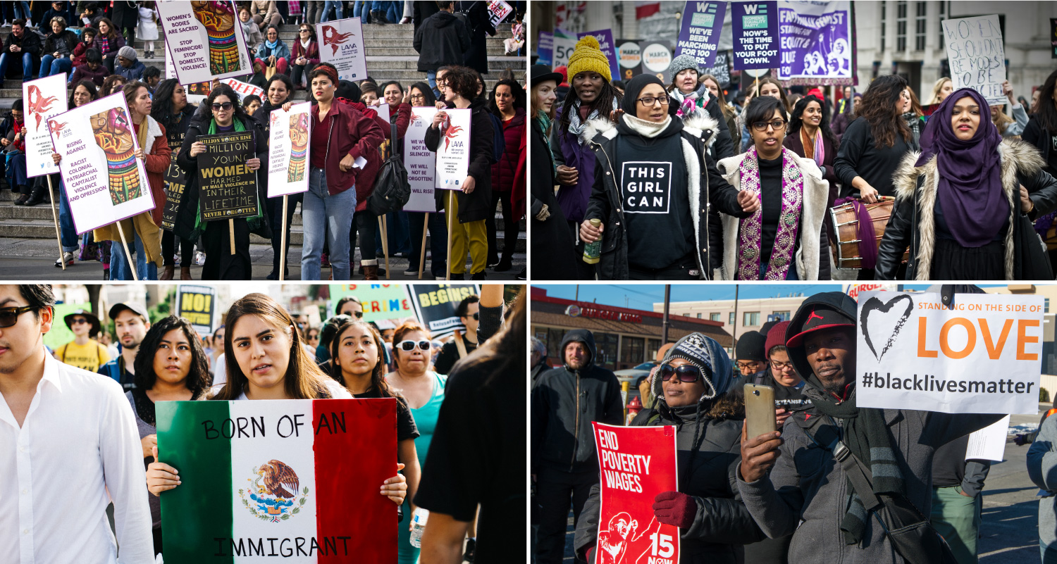 Quatro imagens de pessoas marchando pelas ruas com cartazes e faixas apoiando sua causa. Em destaque nessas imagens estão placas com os dizeres “Nascido de um imigrante”, “Acabar com os salários da pobreza”, “Essa garota pode” e “Standing on the Side of Love/ #Black Lives Matter”.