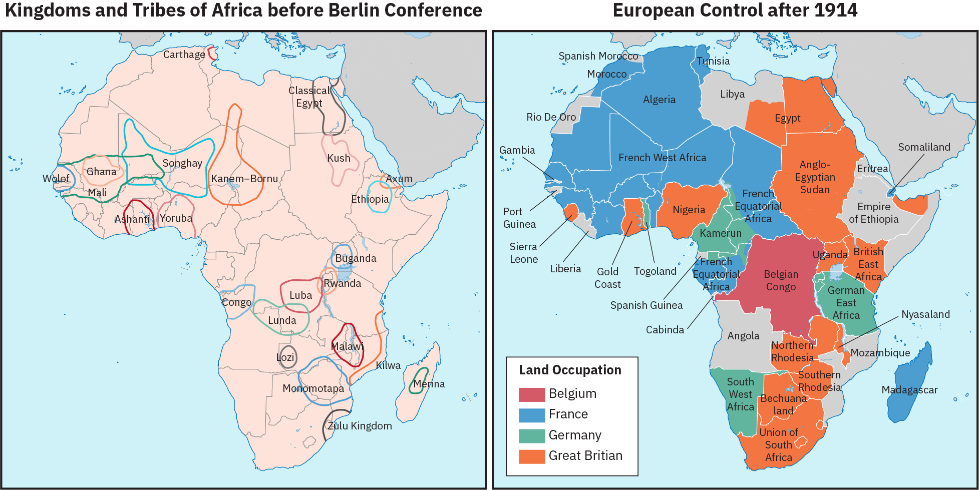 两张非洲地图，并排。 左边的地图标有 “柏林会议前的非洲王国和部落”。 各个领土都被圈起来，标有阿散蒂、古典埃及、马拉和祖鲁王国等政治实体的名称。 这些领土与当代的州界不一致。 第二张地图标有 “1914 年之后的欧洲控制”。 这张地图显示了比利时、法国、德国或英国占领的土地区域，这些区域确实与当代国家边界一致。