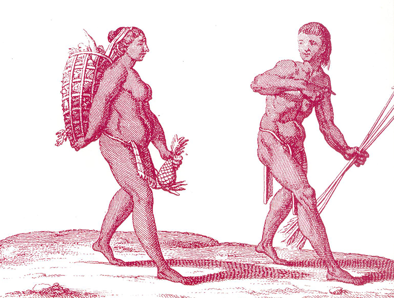 一幅Kali'na男人和女人在狩猎和采集之旅中的画作。 那个男人拿着弓箭，而那个女人拿着一根挖土棍和篮子。