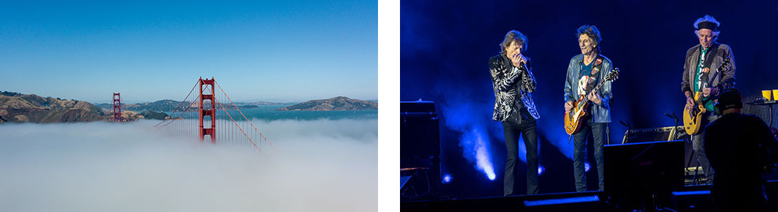 （左）金门大桥被雾笼罩；（右）滚石乐队的三名成员在舞台上表演，他们身后的机器释放出人造雾。
