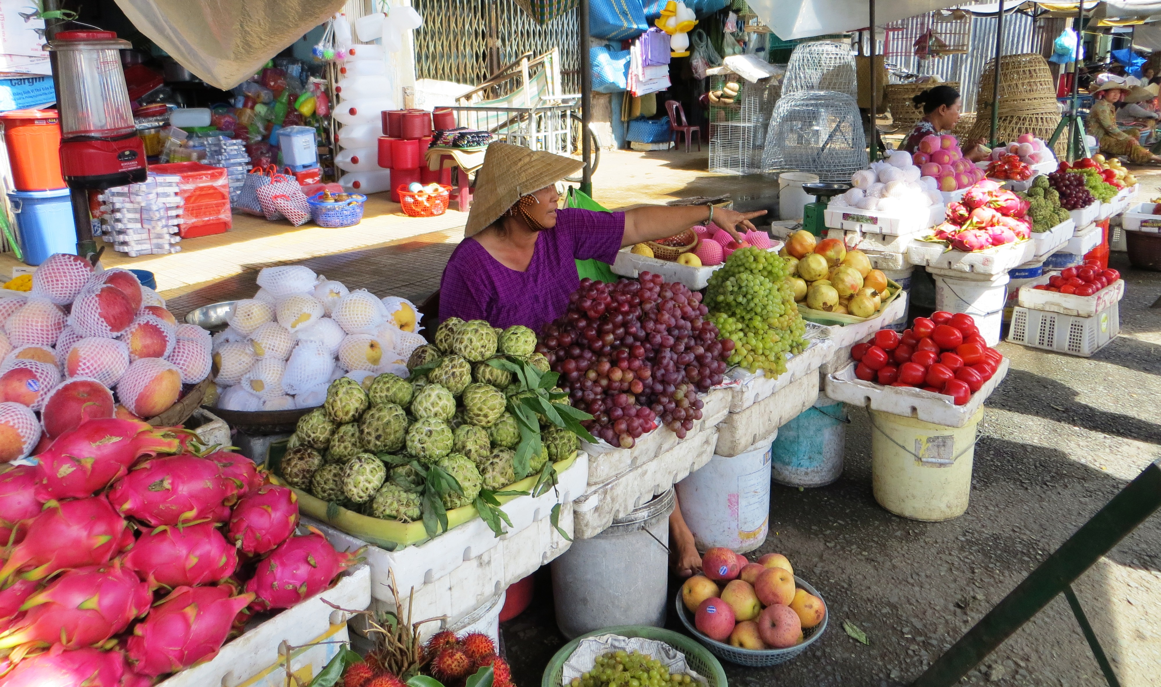 一个戴着圆锥形遮阳帽的女人站在桌子后面，桌子上堆满了水果和蔬菜。 西方观众会熟悉其中一些农产品，例如葡萄和苹果。 其他物品，例如一堆亮粉色的长方形水果，在美国并不常吃。