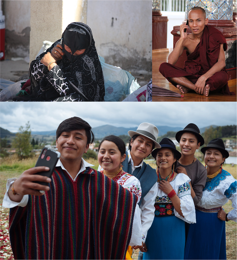مجموعة من ثلاث صور: (أعلى اليسار) امرأة ترتدي الحجاب وغطاء الوجه وتتحدث على الهاتف الخلوي؛ (أعلى اليمين) رجل يرتدي أردية الراهب البوذي يجلس على الأرض متقاطعة الأرجل ويتحدث على الهاتف الخلوي؛ (أسفل) مجموعة من 6 أشخاص إكوادوريين يرتدون الزي التقليدي ويلتقطون صورة سيلفي بهاتف محمول .