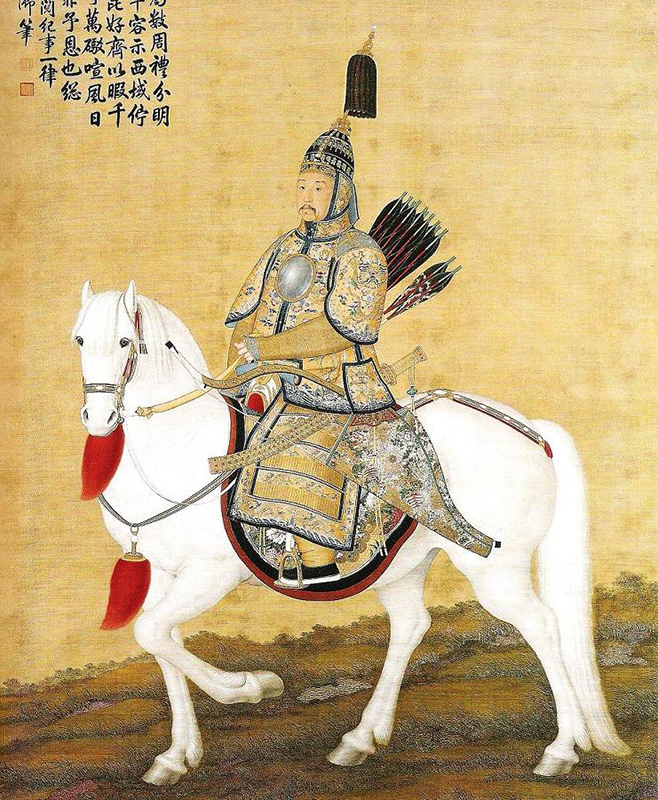 Pintura de um homem blindado montando um cavalo branco. A armadura do homem é ornamentada e bem construída. Ele carrega uma aljava de flechas nas costas.