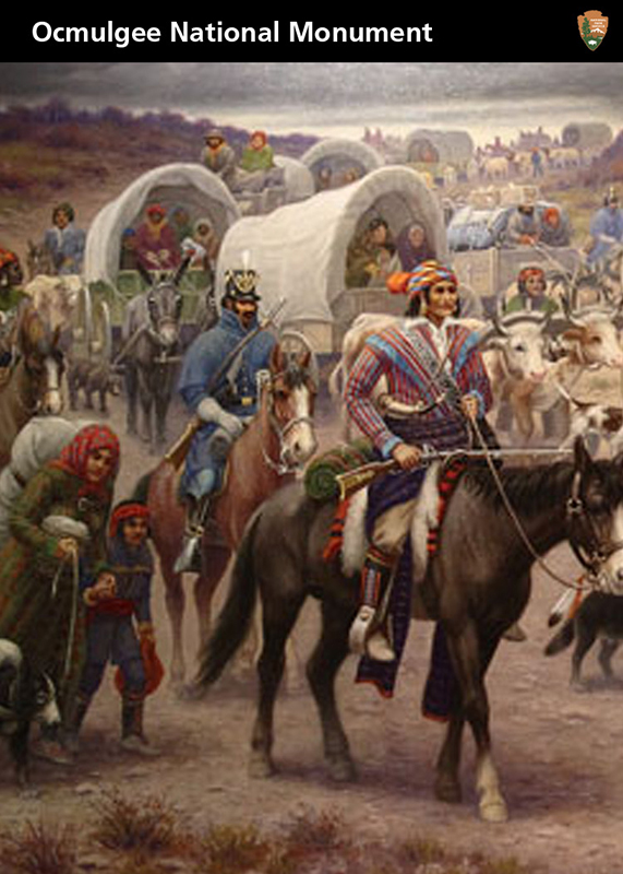 Illustration on the front of a trading card of many Indigenous people travelling across the prairie, some on horseback and some on foot. A White soldier escorts them.