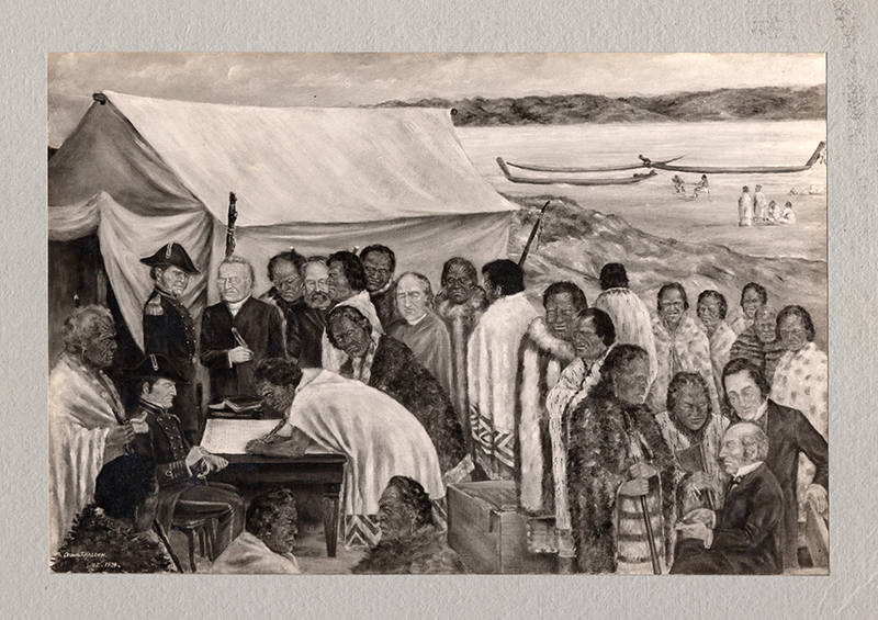 Drawing of a gathering of people in front of a tent - most are Maori, several are White. A Maori man bends over to sign a document on a table, while others look on. A White man in a military hat sits at the table watching the proceedings.