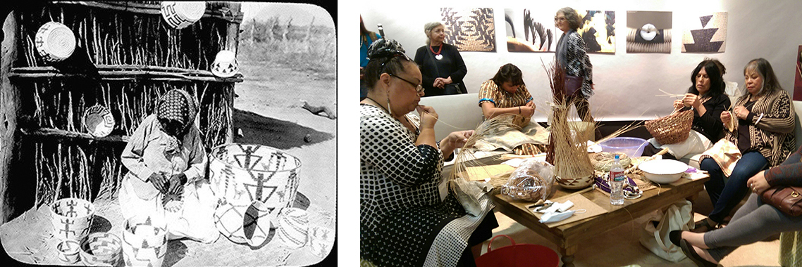 左：一个女人盘腿坐在地上做手工的黑白照片。 她周围有几个篮子，有些放在地上，另一些则挂在由细棍和树枝制成的结构上。; 右：五个女人坐在桌子旁编织篮子的当代画面。 在他们身后的墙上可以看到艺术品的陈列。