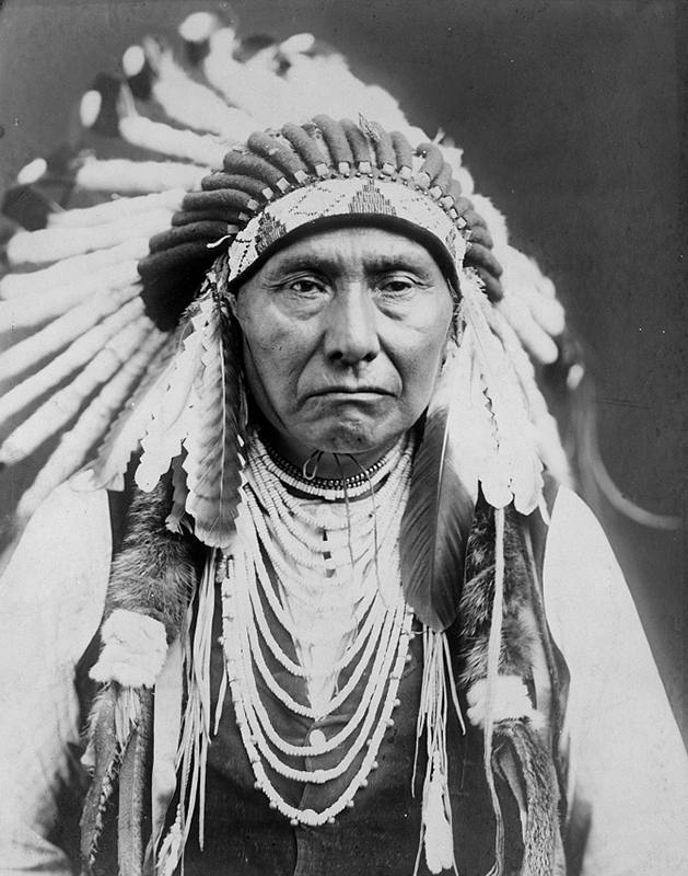 Homem nativo americano usando um grande cocar de penas e muitos fios de miçangas, olhando para frente com uma expressão séria.