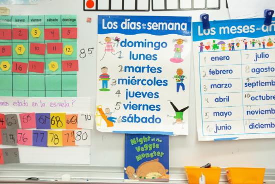 A classroom wall with several Spanish language visual aids.