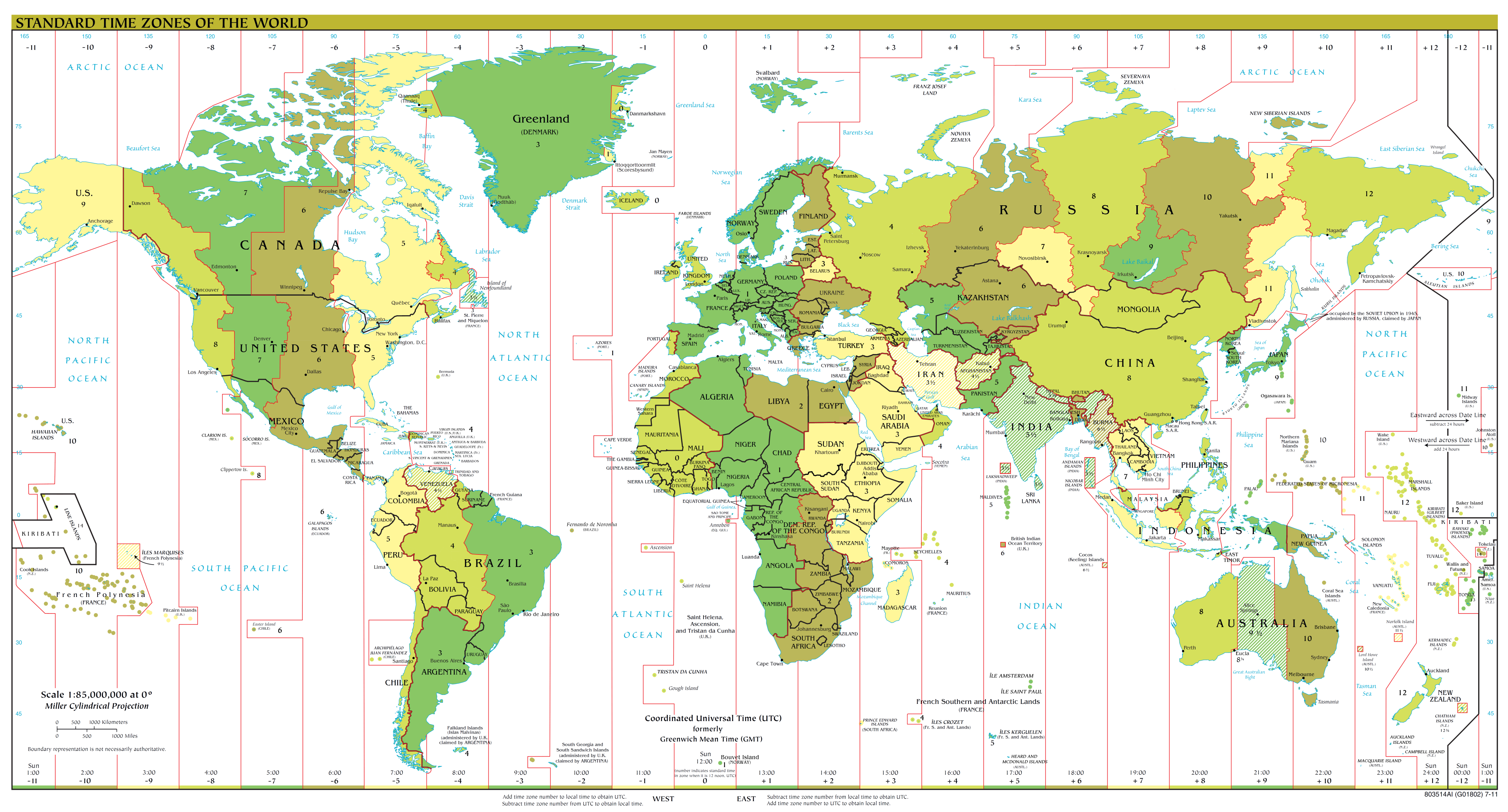 Time zones depicted not as straight lines but as following boundaries, or internal divisions for larger countries