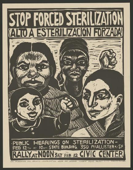 protest poster from 1977 against forced sterilizations - print image of diverse women with fists