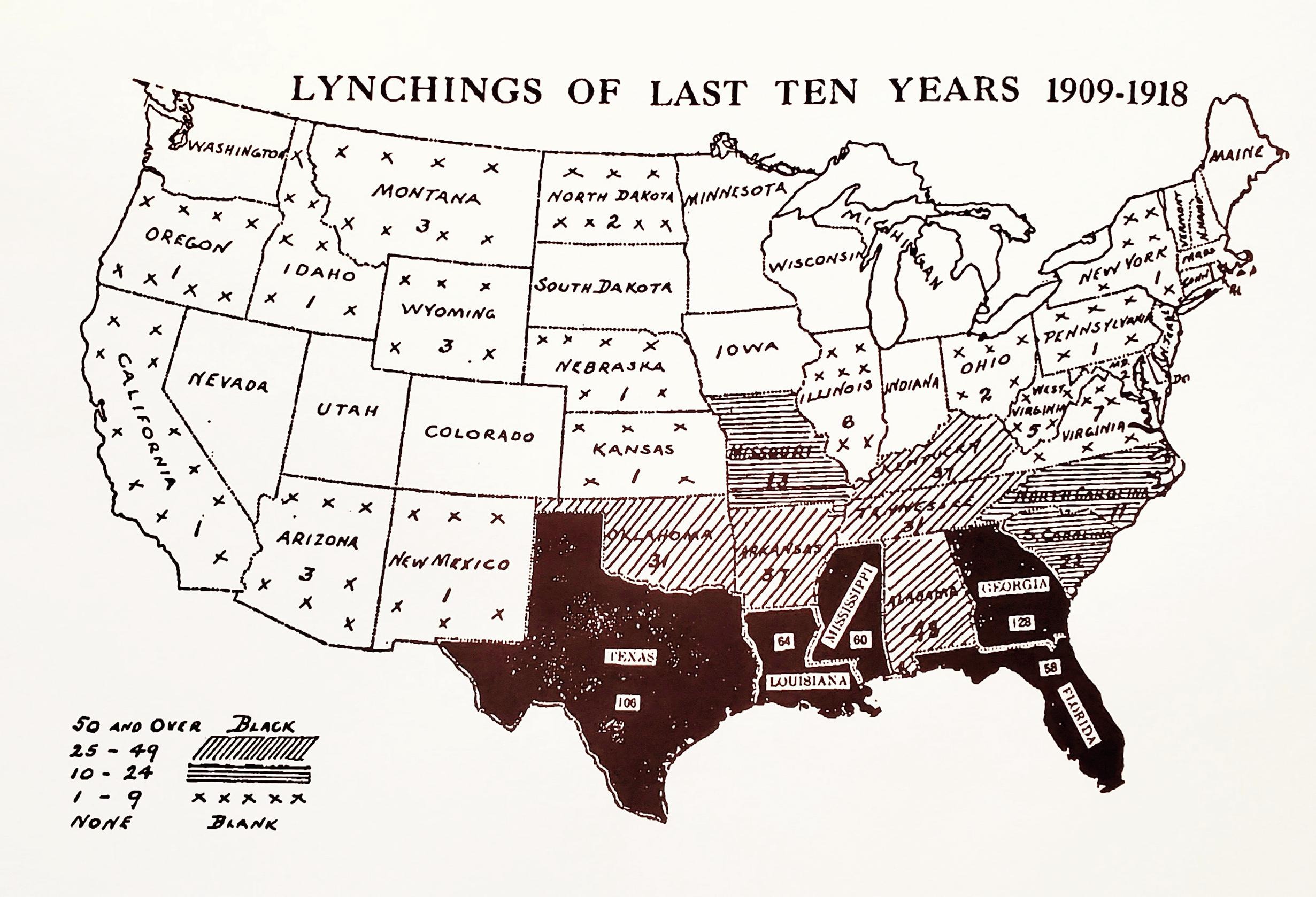 "Lynchings in the last 10 years: 1909-1918" map