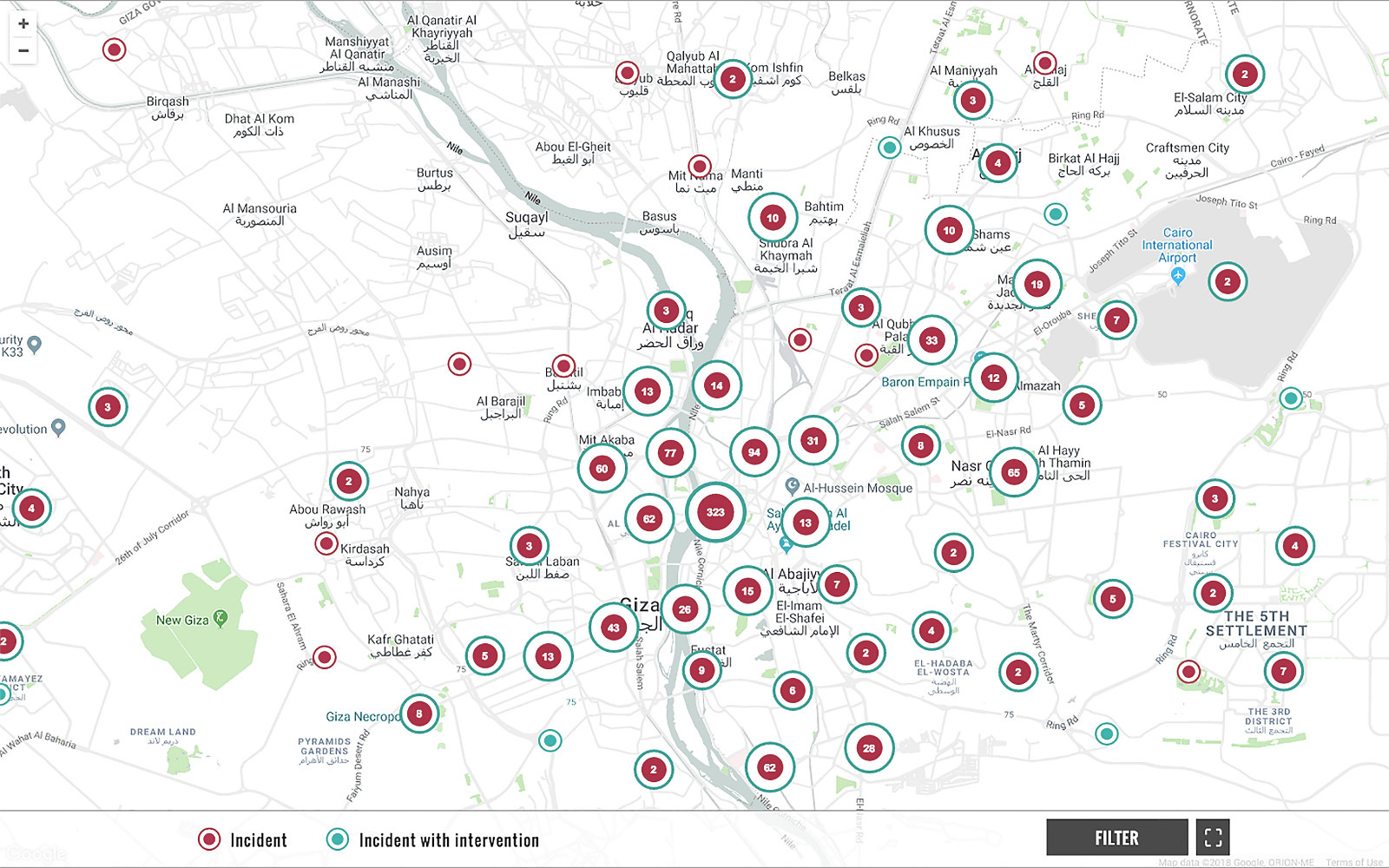 Incidents of sexual harassment in Cairo, Egypt identified on a web map