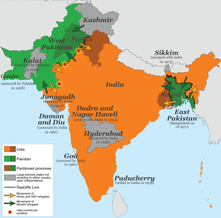 Figura 3.1. Mapa de la partición de la India (1947). Superbenjamín; CC-BY-SA.