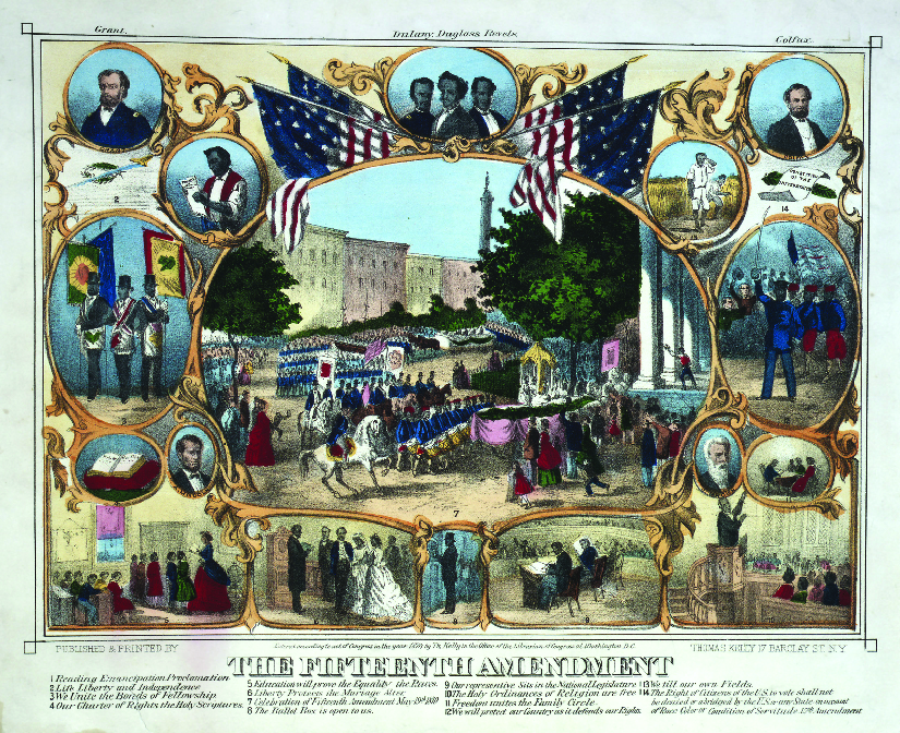 1870 年的一幅版画，展示了非裔美国人参与日常活动的几个场景。 幕后是 “第十五修正案” 文字。