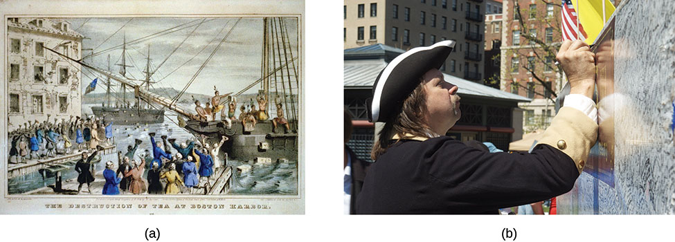 a 部分中的石版画展示了波士顿茶话会的场景，抗议者将茶柜清空到波士顿港。 照片 b 显示了参加茶党快车集会的参与者，身着殖民地服装，在墙上写字。