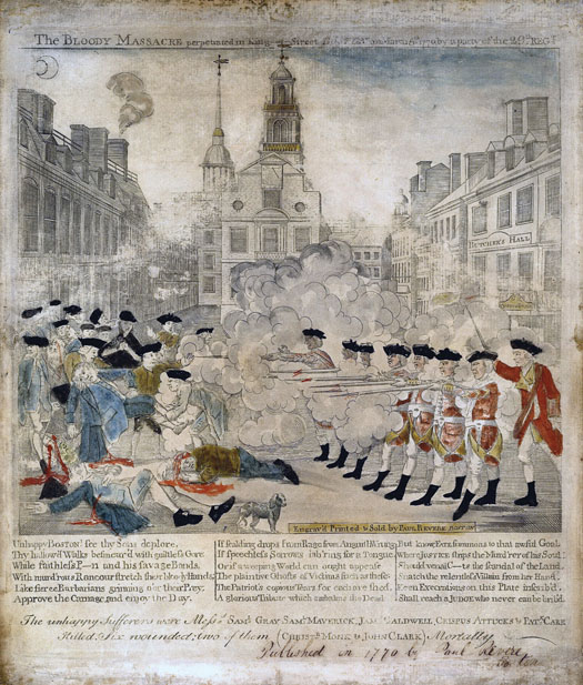 Cette page de journal montre un dessin d'une scène du massacre de Boston.