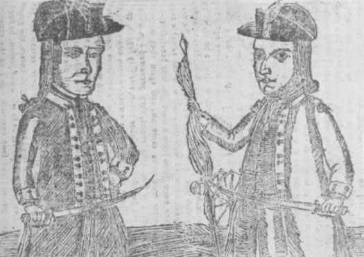 Cette couverture d'almanach de 1787 montre un dessin de Daniel Shays et Job Shattuck.
