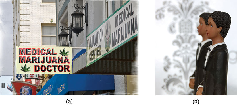 La photo a montre la devanture extérieure du magasin et un panneau indiquant un médecin spécialiste de la marijuana médicale. La photo b montre une décoration de gâteau de mariage avec deux hommes en smoking.
