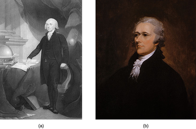 Une gravure représente James Madison. Une peinture représente Alexander Hamilton.