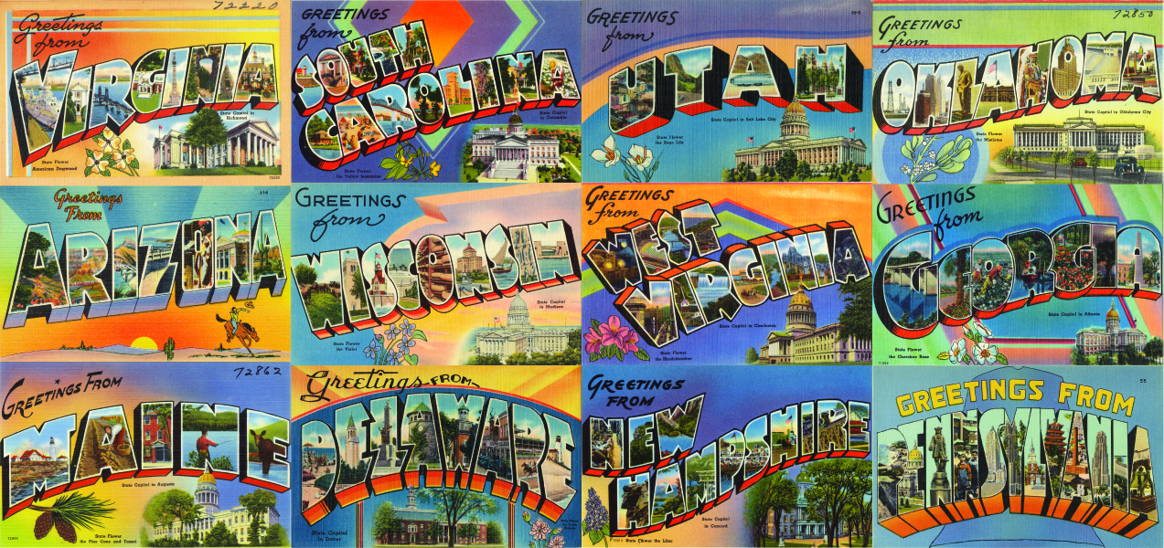 Uma série de cartões postais de diferentes estados, com o slogan “Saudações de” acima do nome de cada estado. Imagens e cenários icônicos decoram o cartão postal de cada estado. Os estados incluem Virgínia, Carolina do Sul, Utah, Oklahoma, Arizona, Wisconsin, Virgínia Ocidental, Geórgia, Maine, Delaware, New Hampshire e Pensilvânia.