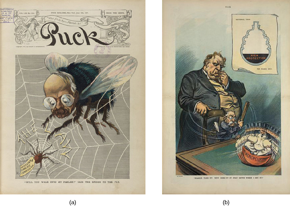 图片 A 是一只带有人脸的大苍蝇的插图。 苍蝇被困在标有 “法律” 的网上。 网的中心是一只标有 “州际商务委员会” 的蜘蛛。 图片下方有一个标题，上面写着 “你会走进我的客厅吗？” Puck 杂志的标题贯穿图片的顶部。 在图 B 中，威廉·霍华德·塔夫脱总统站在总检察长乔治 ·W· 威克舍姆的身后，维克舍姆试图用一根标有 “谢尔曼·劳” 的棍子打败一个 “大富翁”，描绘成一个穿着大礼帽和燕尾服的男人的圆底雕像。 插图下方的标题是 “为什么我击中它时它不保持向下？”