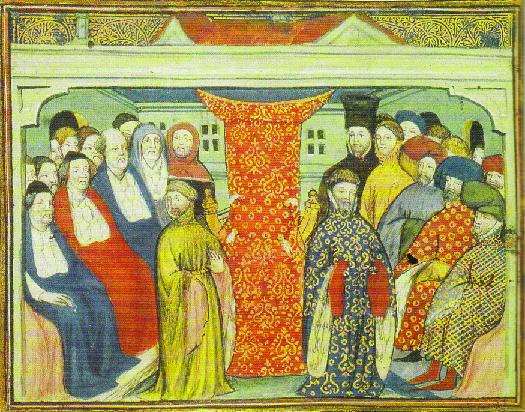 Photo d'une illustration tirée d'un manuscrit du XIIe siècle. L'illustration montre Henri IV au centre droit alors qu'il revendique le trône d'Angleterre. Henri IV est entouré de plusieurs personnes à gauche et à droite.