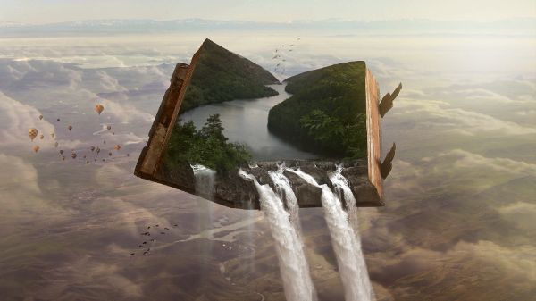 Floating high above land is an open book with water pouring off the pages.