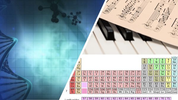 Collage of images of music sheets, periodic table, and DNA strand.