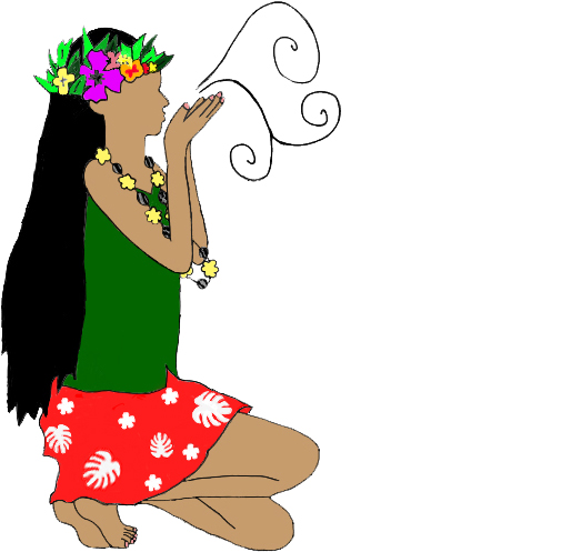 A drawing of a Hawaiian woman kneeling with breath flowing from her mouth.