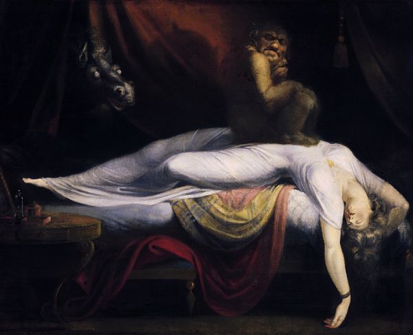 A European classical painting with a woman laying in bed with a demon like creature sitting on her stomach and a donkey like animal looking on in the background.