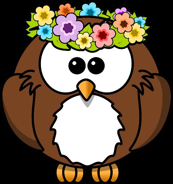 A drawing of an owl wearing a wreath of flowers around its head.