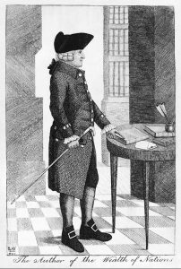 Black and white engraving of Adam Smith standing next to a table. There is a checkerboard floor. He is pointing at a book and is wearing a tall, black hat.