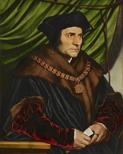 Painting of Sir Thomas More wearing robes and necklace. A olive green drape hangs behind him.