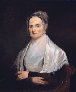 Color painting of Lucretia Mott wearing a white shawl.