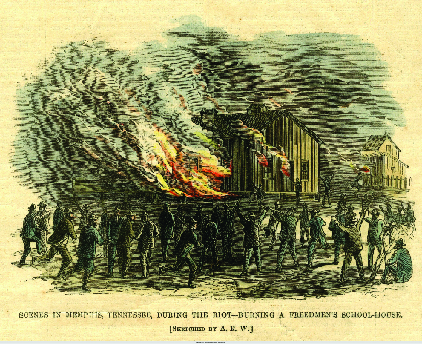Image d'un croquis d'un bâtiment en feu. Plusieurs personnes se tiennent à l'extérieur du bâtiment. Certaines personnes sont armées. Au bas de l'image, on peut lire « Scènes à Memphis, dans le Tennessee, pendant l'émeute : l'incendie d'une école pour affranchis ». [Esquissé par A. R. W.] ».