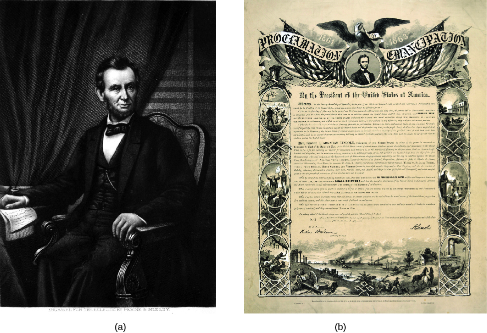 图片 A 是亚伯拉罕·林肯坐在椅子上。 他的右手放在纸质文件上。 图像 B 是一个文档。 该文件顶部写着 “解放宣言”。