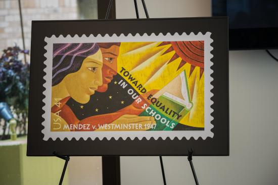 A poster of the first issue stamp commemorating the Mendez v. Westminster School District case