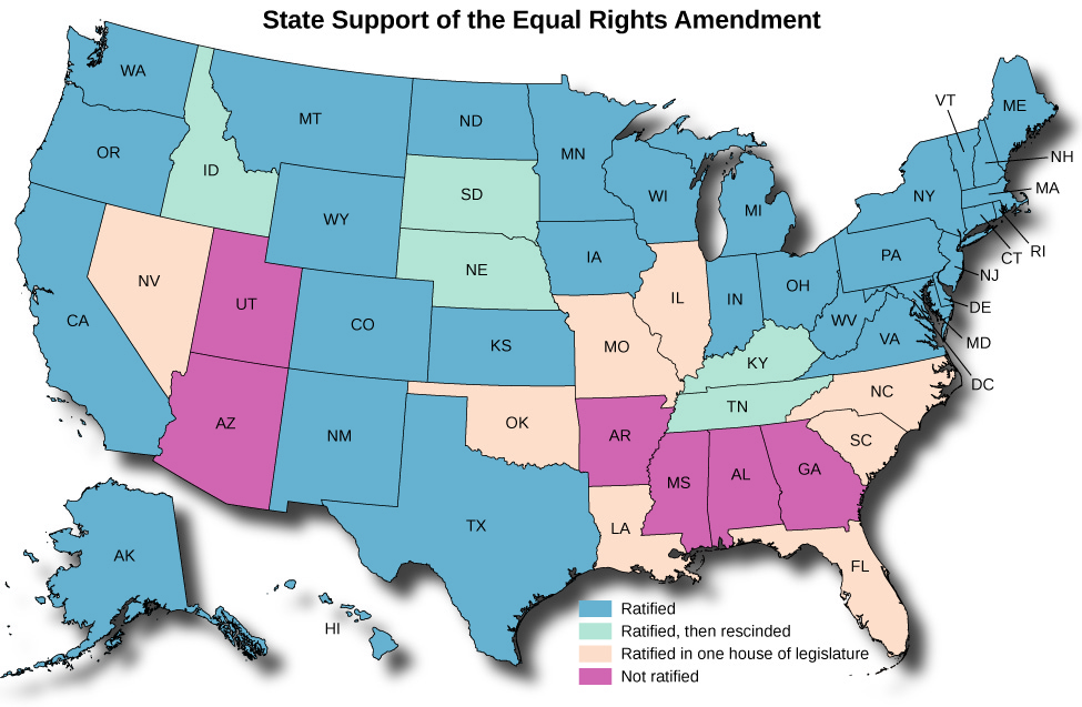 标题为 “国家支持平等权利修正案” 的美国地图。 标记为 “已批准” 的州包括华盛顿、俄勒冈、加利福尼亚州、阿拉斯加、夏威夷、蒙大拿州、怀俄明州、科罗拉多州、新墨西哥州、北达科他州、堪萨斯州、德克萨斯州、明尼苏达州、爱荷华州、威斯康星州、密歇根州、印第安纳州、俄亥俄州、西弗吉尼亚州、新泽西州、纽约州、康涅狄格州、罗德岛州、马萨诸塞州新罕布什尔州、缅因州和佛蒙特州。 标记为 “批准后撤销” 的州是爱达荷州、南达科他州、内布拉斯加州、肯塔基州和田纳西州。 标记为 “一院批准” 的州是内华达州、俄克拉荷马州、密苏里州、伊利诺伊州、路易斯安那州、佛罗里达州、南卡罗来纳州和北卡罗来纳州。 标记为 “未批准” 的州是犹他州、亚利桑那州、阿肯色州、密西西比州、阿拉巴马州、乔治亚州和弗吉尼亚州。