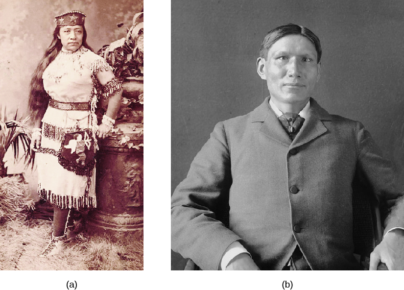 Image A ni ya Sarah Winnemucca amevaa mavazi ya jadi ya Paiute. Image B ni ya Charles Eastman amevaa suti.