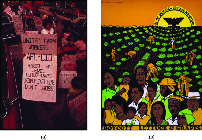 图片 A 是一群举着牌子的人。 标语上写着 “联合农场工人联合会 AFL-CIO 抵制 Jewel Lettuce & Grapes Union Picket Line 不要越过” 和 “抵制，农场工人罢工”。 图片 B 是一张海报，显示人们在田里采摘农作物。 太阳在后台升起。 太阳的中心是一只鹰，太阳上的文字写着 “Si se puede ~ 可以做到”。 海报底部的文字写着 “抵制生菜和葡萄”。