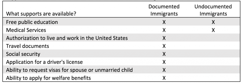 Supports available to documented and undocumented immigrants.