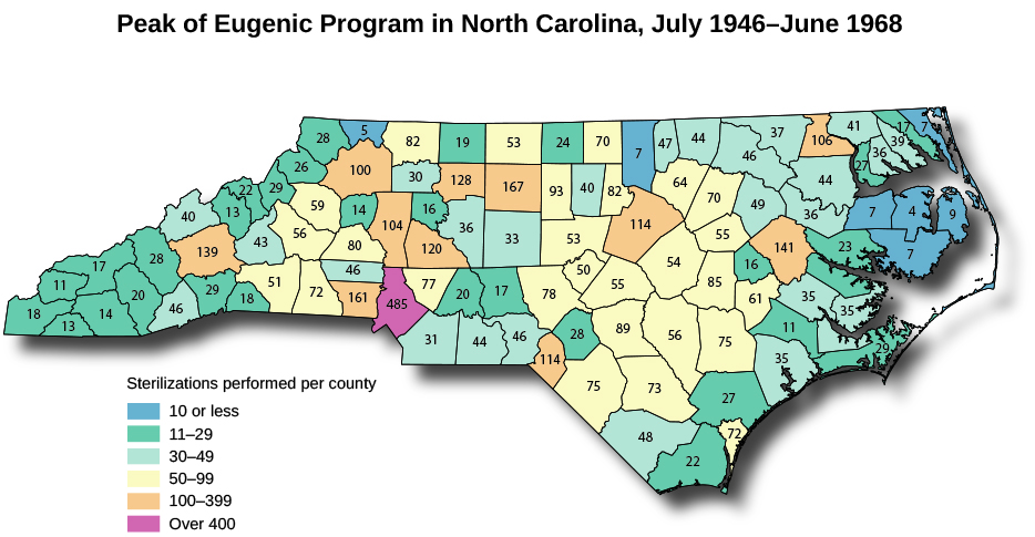 Um mapa da Carolina do Norte intitulado “Pico do Programa Eugênico na Carolina do Norte, julho de 1946 a junho de 1968”. Uma lenda diz “Esterilizações realizadas por condado” e marca os condados em seis categorias. Sete condados estão marcados com “10 ou menos”. Vinte e seis condados estão marcados com “11-29”. Vinte e cinco condados estão marcados com “30-49”. Vinte e sete condados estão marcados com “50-99”. Onze condados estão marcados com “100-399”. Um condado está marcado como “Mais de 400”.